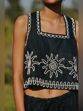 Rails x LSPACE Akira Linen Embroidered Crop Top Sun Embroidered Bohemian Large